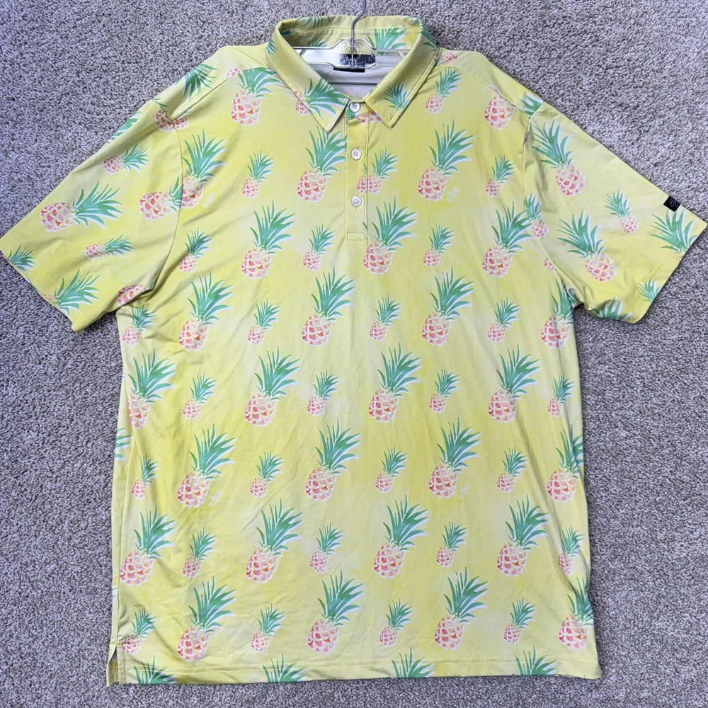 Sunday Swagger Polo Mens XL Yellow Pineapple Print Stretch Golf Shirt EUC